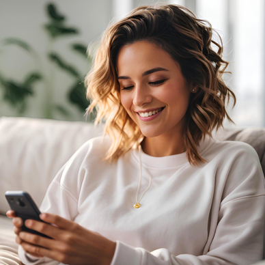 Woman smiling at phone