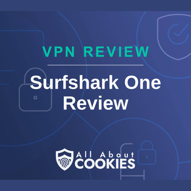 A blue background with images of locks and shields and the text &quot;Surfshark One Review&quot;