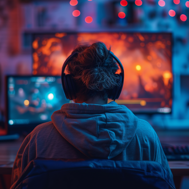 A gamer sits in front of two monitors. 