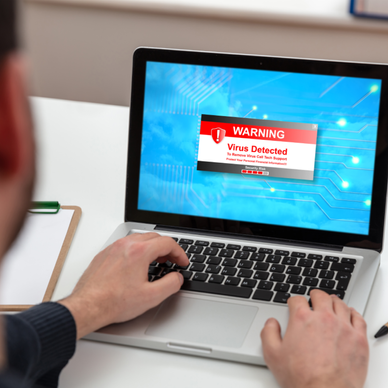 Virus warning flashes on a computer screen.
