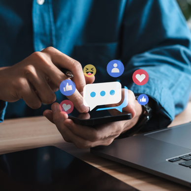 Text bubbles and emojis float above a phone.