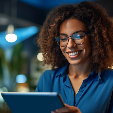 Woman holding a tablet in an office. 