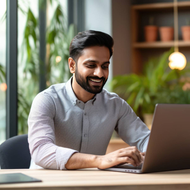 Man smiling at office desk.