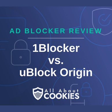 A blue background with images of locks and shields and the text &quot;1Blocker vs. uBlock Origin&quot;