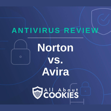 A blue background with images of locks and shields with the text &quot;Antivirus Review Norton vs. Avira&quot; and the All About Cookies logo. 