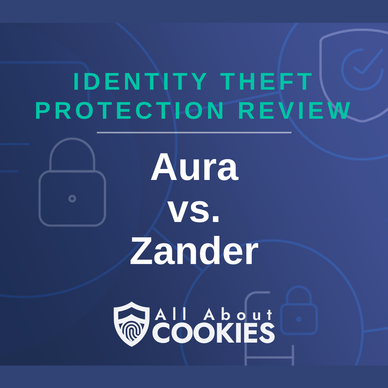 A blue background with images of locks and shields with the text “Aura vs. Zander” and the All About Cookies logo.