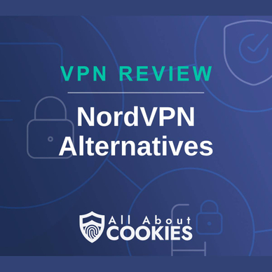 A blue background with images of locks and shields and the text &quot;NordVPN alternatives&quot;