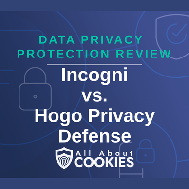 A blue background with images of locks and shields with the text “Incogni vs. Hogo Privacy Defense” and the All About Cookies logo.