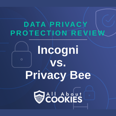 A blue background with images of locks and shields with the text “Incogni vs. Privacy Bee” and the All About Cookies logo.
