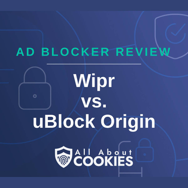 A blue background with images of locks and shields with the text &quot;Ad Blocker Review Wipr vs. uBlock Origin&quot; and the All About Cookies logo. 