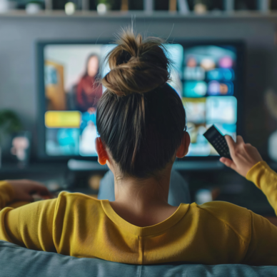 A woman sits in front of a TV. 