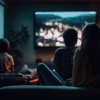 A group of friends watch a movie in the evening. 