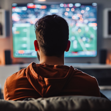 A man sits in front of the TV, watching sports. 
