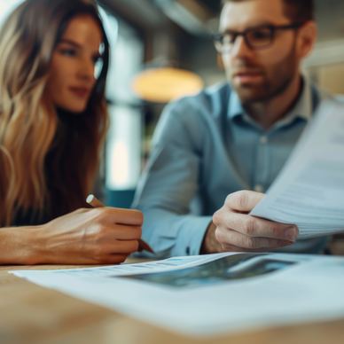 A woman and man sit together, going over paperwork.