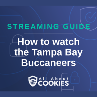 A blue background with images of locks and shields with the text “Tampa Bay Buccaneers” and the All About Cookies logo.