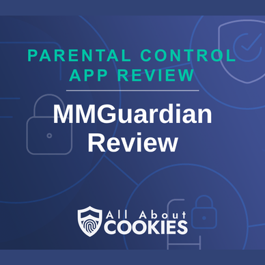 A blue background with images of locks and shields with the text “MMGuardian Review” and the All About Cookies logo.