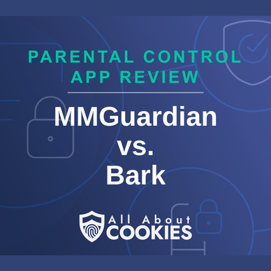 A blue background with images of locks and shields with the text “MMGuardian vs. Bark” and the All About Cookies logo.