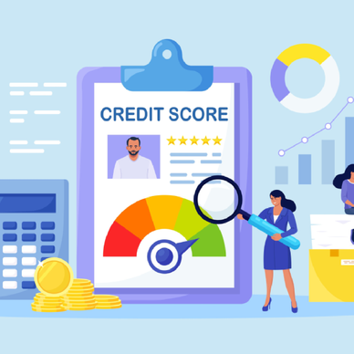 An illustration of a woman analyzing a credit report