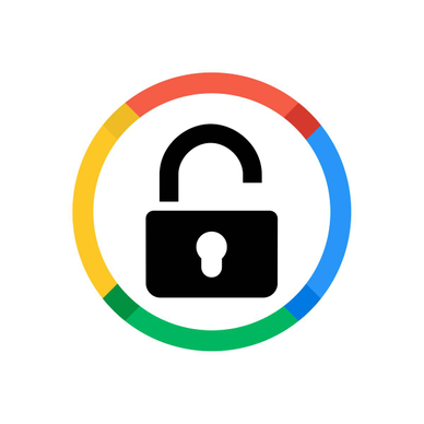 Google Password Manager concept Google icon colors around a black padlock