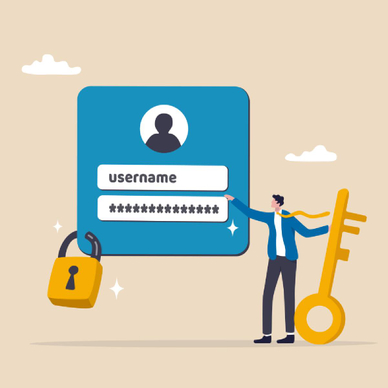A beige background with an illustration of a user login with a padlock and a man holding a key