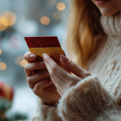 A woman holds a red gift card in her hands.
