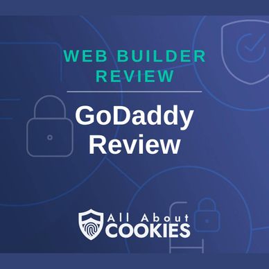 A blue background with images of locks and shields and the text &quot;Web Builder Review: GoDaddy Review&quot;