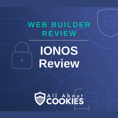 A blue background with images of locks and shields with the text “IONOS Review” and the All About Cookies logo.