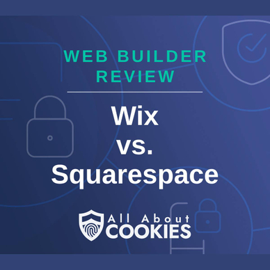 A blue background with images of locks and shields and the text &quot;Wix vs. Squarespace&quot;