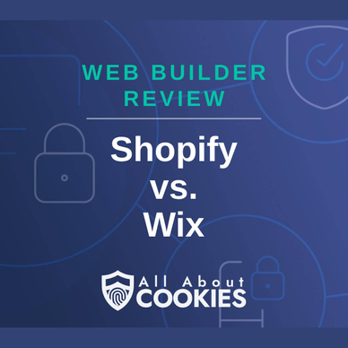 A blue background with images of locks and shields and the text &quot;Shopify vs. Wix&quot;