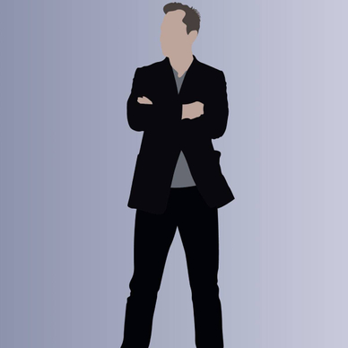 An illustration of Elon Musk&#x27;s likeness with his hands folded and face blurred out against a gray backdrop