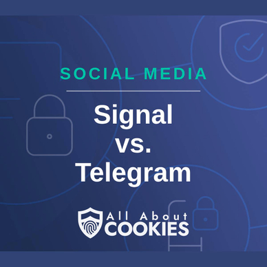 A blue background with images of locks and shields and the text &quot;Signal vs. Telegram&quot;