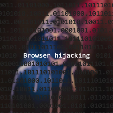 Concept of browser hijacking, a hooded hacker stands behind lines of code with text &quot;browser hijacking&quot; in white