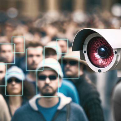 A surveillance street camera trained on pedestrians, analyzing their faces for identity verification