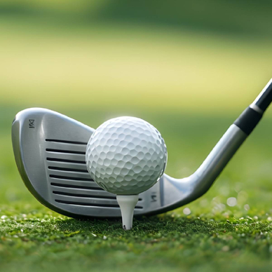 A closeup of a golf club and ball on the green as PGA Championship concept