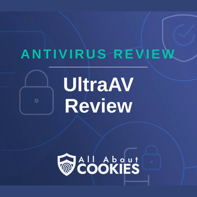 A blue background with images of locks and shields and the text &quot;UltraAV review&quot;