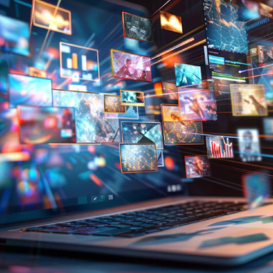 A laptop streaming multiple channels signifying surveillance and AI deepfakes