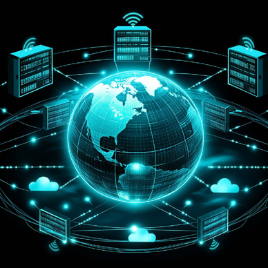 globe with glowing public IP icons and global communication radiating outward