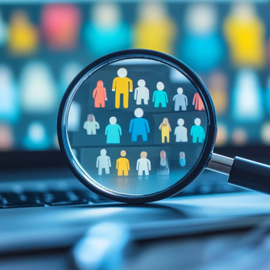 illustration of a magnifying glass looking at different people in front of a computer screen