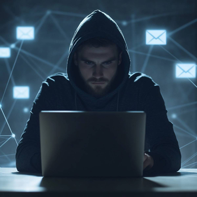 A hooded figure working on a laptop with floating email symbols and connections