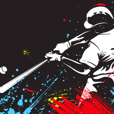 Illustration of a baseball player hitting a baseball with splashes of color