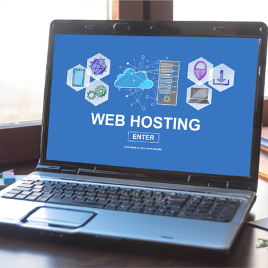 Web hosting text and concept on a laptop screen 
