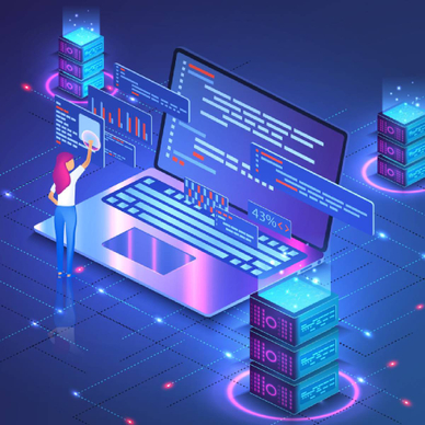 Illustrative concept of a woman managing a web host with a laptop and servers
