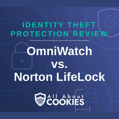 A blue background with images of locks and shields and the text &quot;OmniWatch vs. Norton LifeLock&quot;