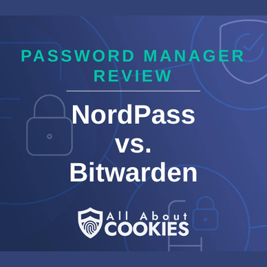 A blue background with images of locks and shields and the text "NordPass vs. Bitwarden"