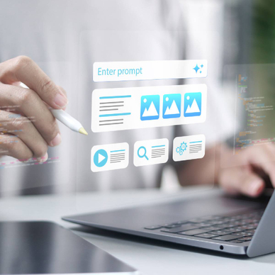 Person using laptop with AI app builder prompt