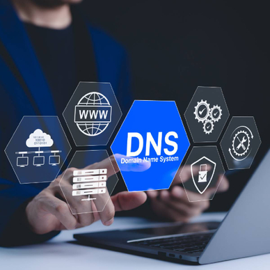 Domain name server concept of icons above a laptop