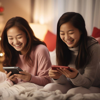 Two girls sitting on a bed, enjoying their time playing on Nintendo Switch