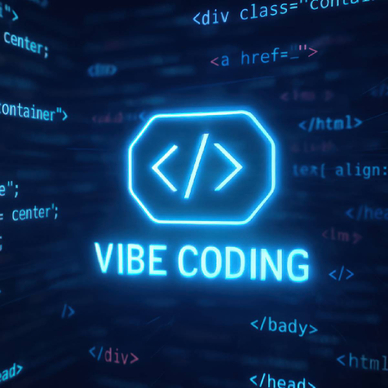 Neon vibe coding text glows in center of flowing code