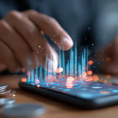 Mobile finance management concept with coins next to a smart phone with 3D digital touch