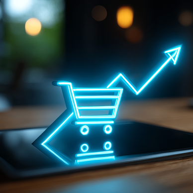 Digital shopping cart with upward trending arrow behind it.